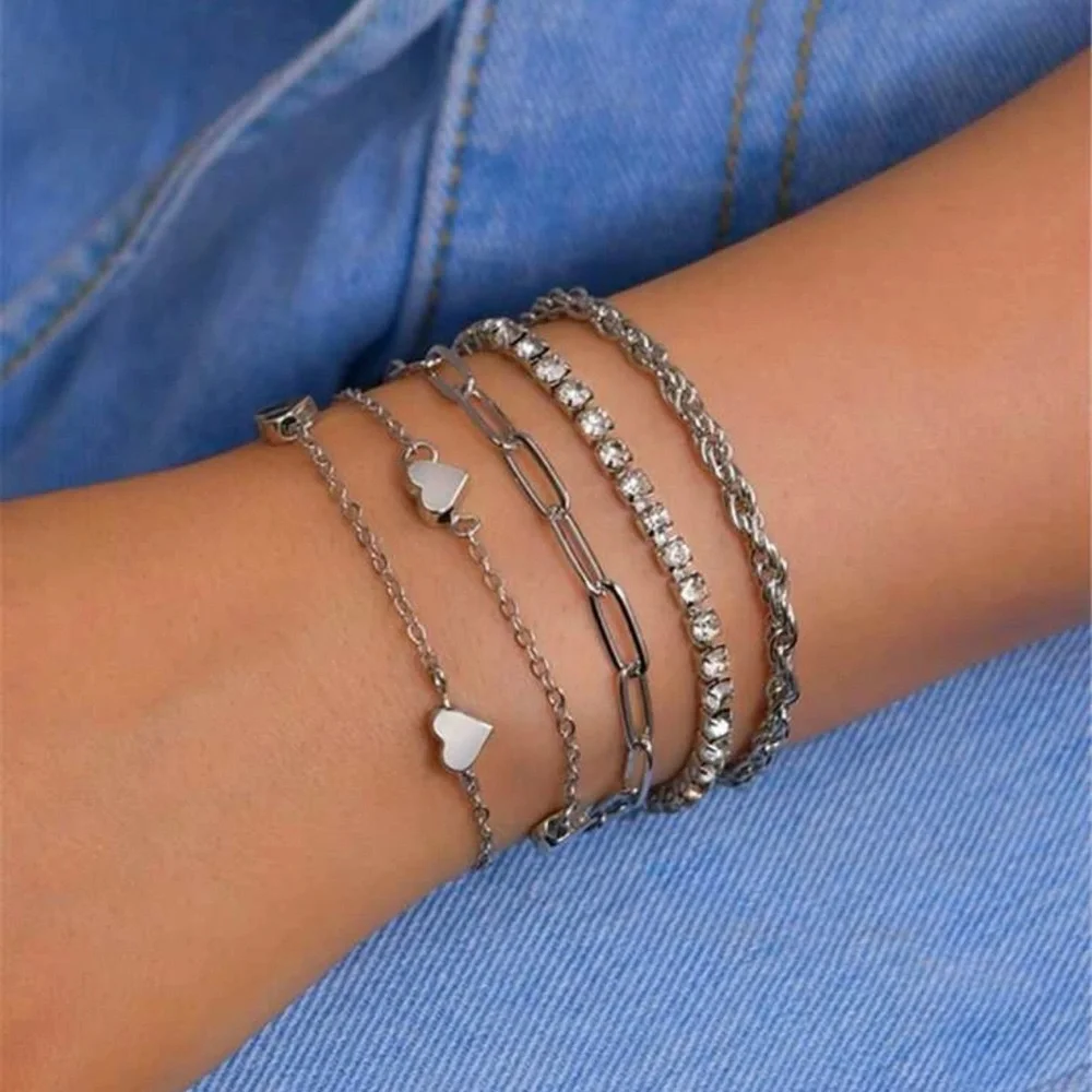 5pcs Rhinestone & Heart Decor Bracelet For Women Fashion Jewelry Gift We…